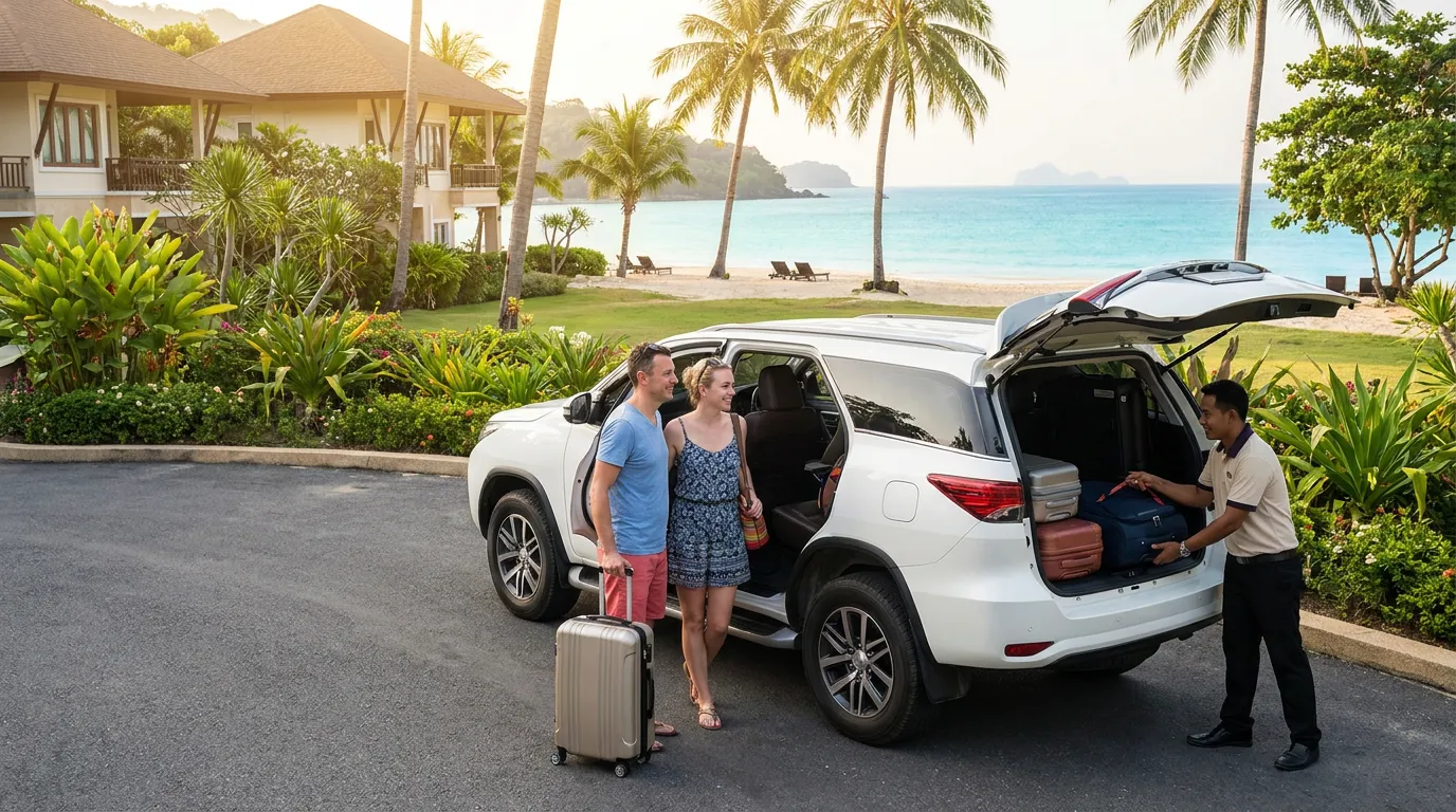 CABHUAHIN private taxi with foreign travellers at a beachfront hotel in Hua Hin